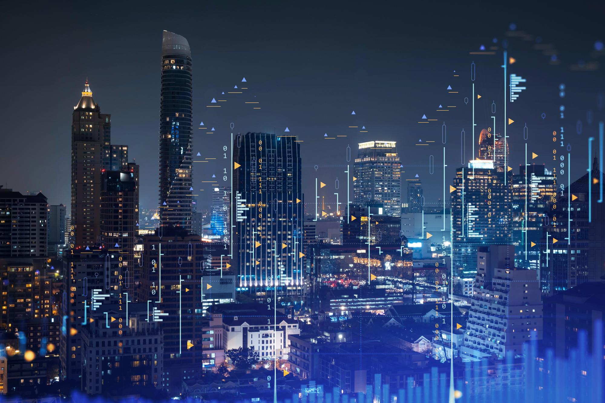 stock market graph hologram night panorama city view bangkok popular location gain financial education southeast asia concept international research double
